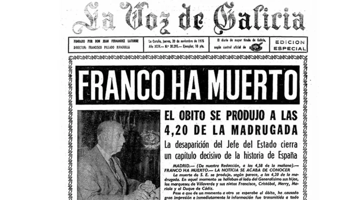 Portada de la Voz de Galicia anunciant la mort del dictador Francisco Franco.